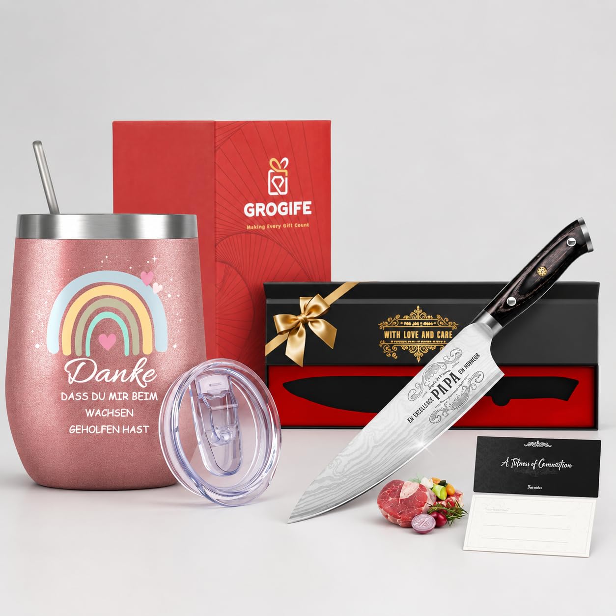 Grogife Set of 2 Eierförmiger Rainbow Thermobecher + D2 Küchenmesser, Geschenk für Männer
