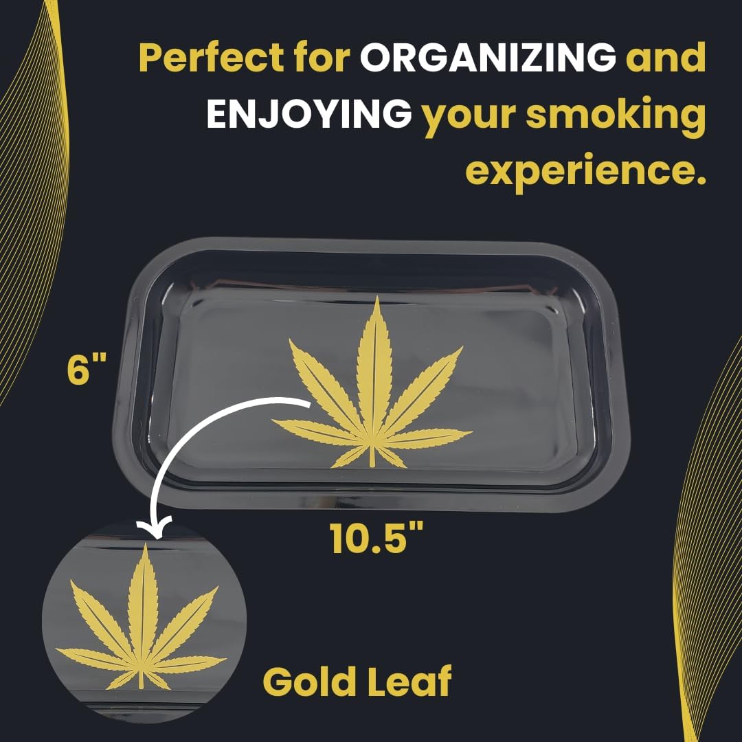 Large Rolling Tray with Magnetic Lid Set 10.5" x 6", Metal Black Rolling Tray with Gold Leaf and Vegan Hemp Papers with Tips in Custom Gift Box