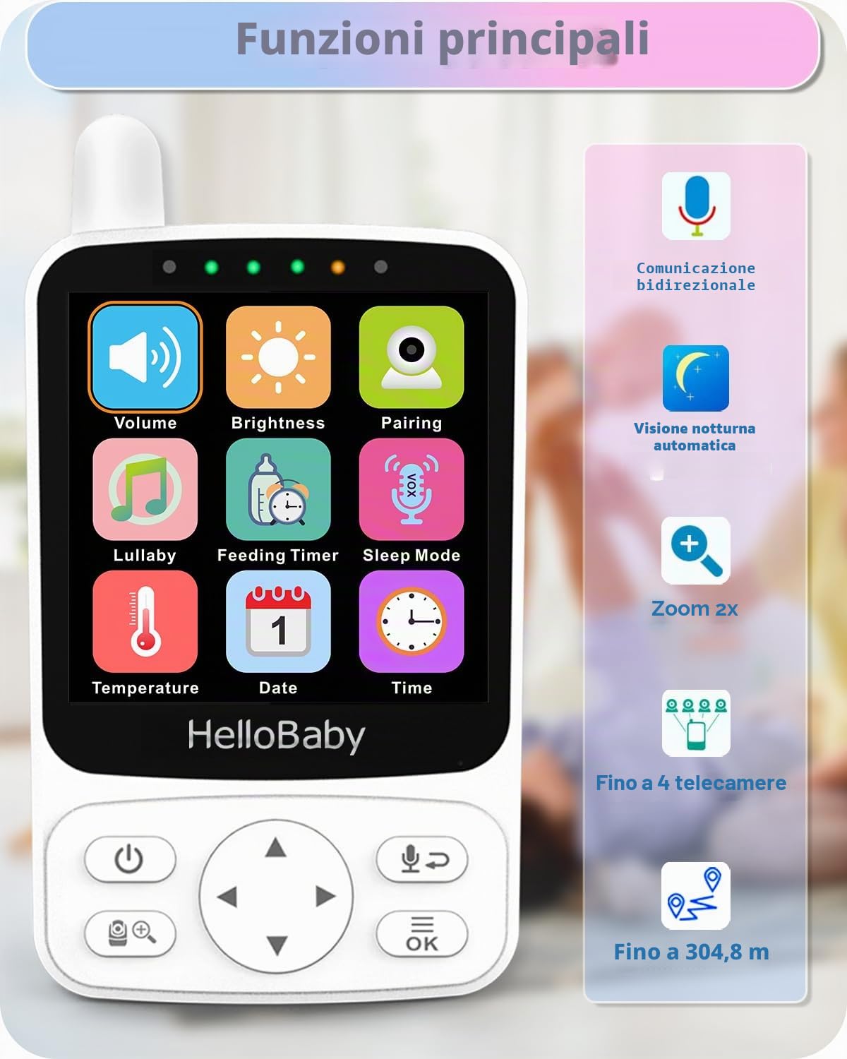 HelloBaby Baby Monitor, 4" IPS Schermo e 29 ore di durata della batteria, baby monitor video e audio, Fotocamera 350°/120° 2x Zoom, Visione notturna infrarossa, Modalità ECO, Temperatura