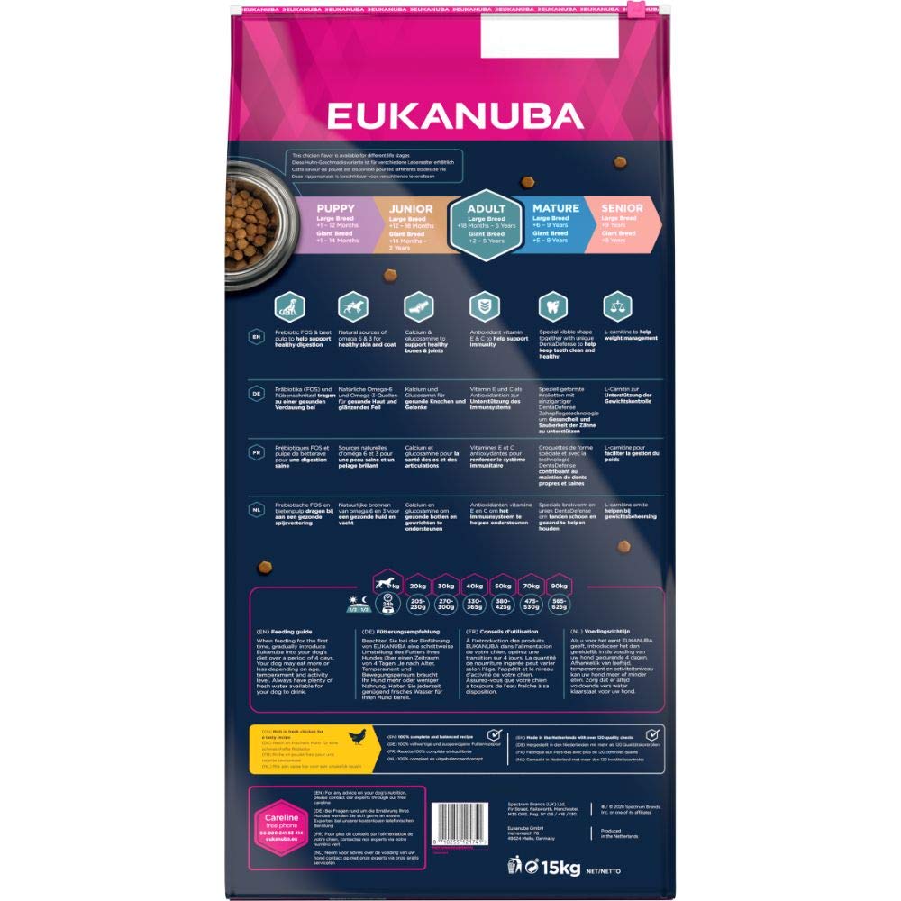 Eukanuba Hundefutter mit frischem Huhn für große Rassen, Premium Trockenfutter für ausgewachsene Hunde, 15 kg