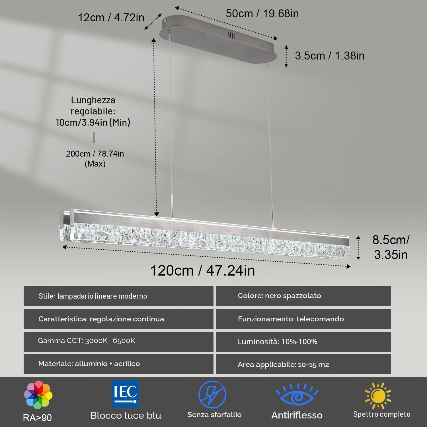 Moderna Lampada a Sospensione a LED per Tavolo da Pranzo Lunga 120cm Dimmerabile Illuminazione a Sospensione a LED per Isola Cucina Lussuosa Plafoniera per Sala da Pranzo e Ufficio