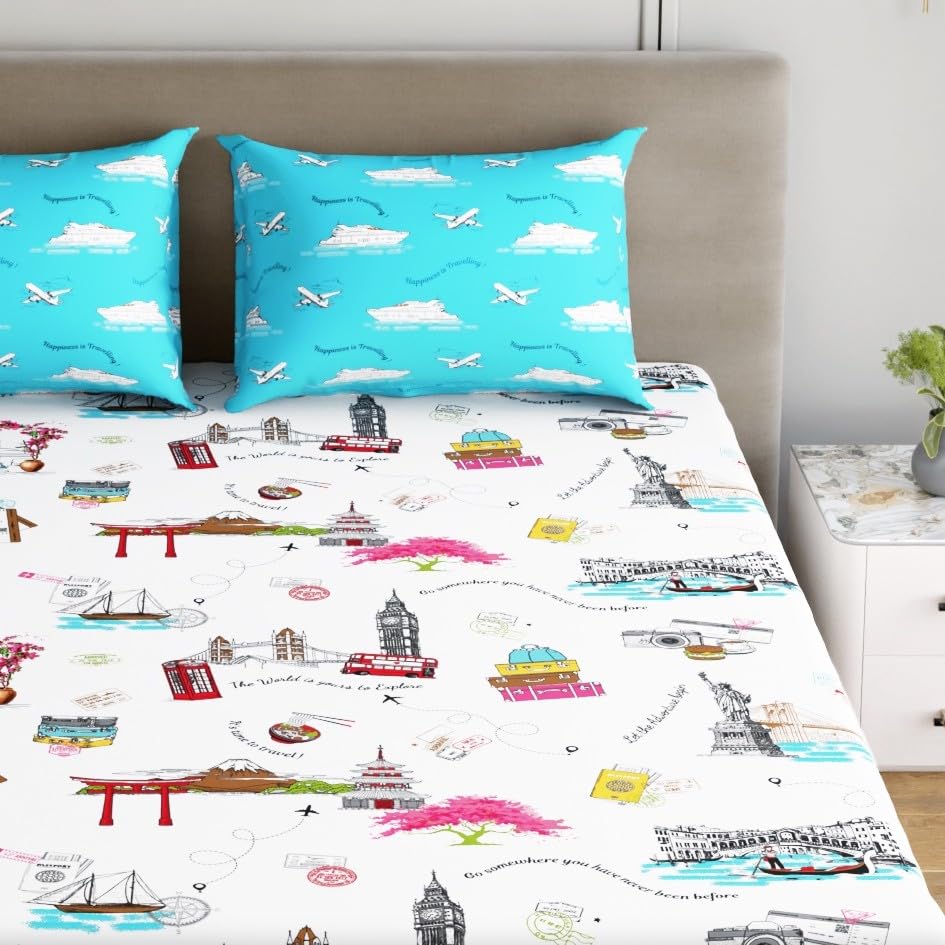 Image of Home Ecstasy 100% Cotton King Bedsheet with 2 Pillow Covers - (Size 87 x 108 inches, 200 TC, Colour - White)