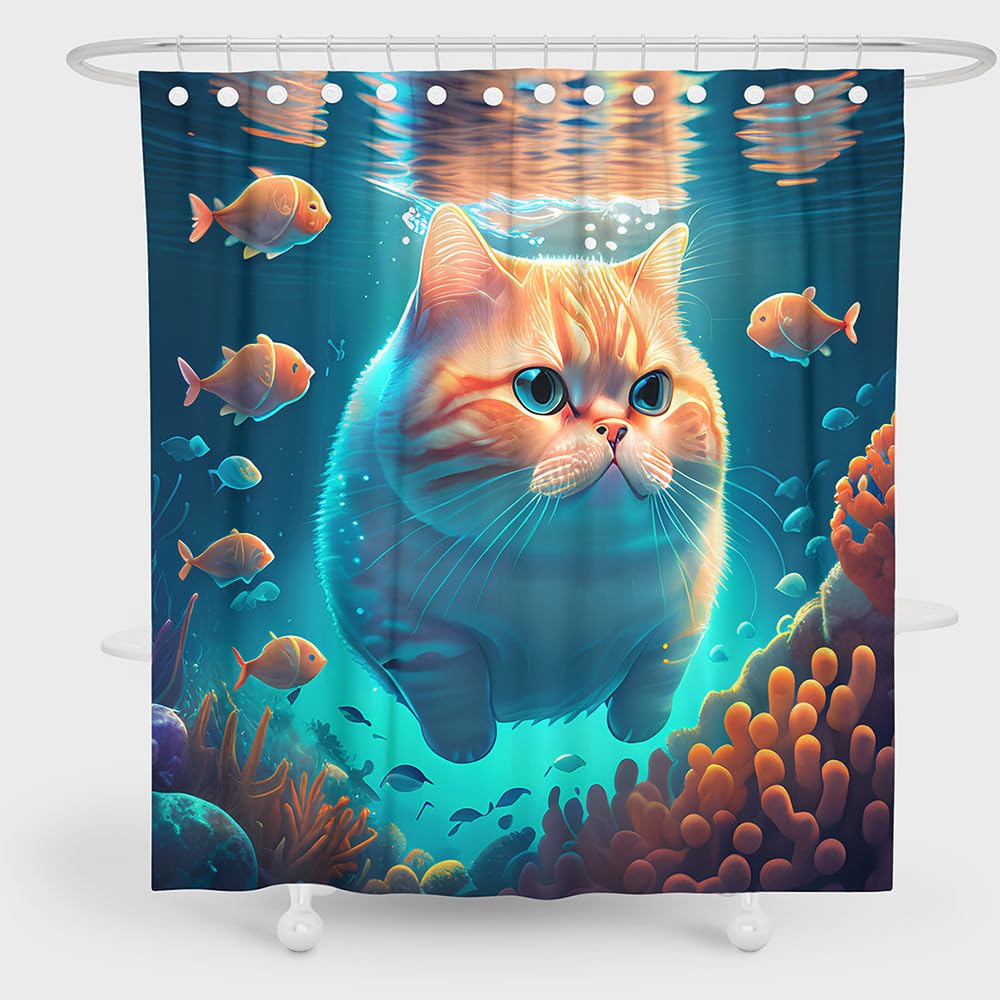 DDS-DUDES Cute Cat Shower Curtain Set for Kids Bathroom, Funny Orange Garfield Swimming and Fish in Sea Fabric Decor Waterproof Curtains with 12pcs Hooks 71 x 71 inch