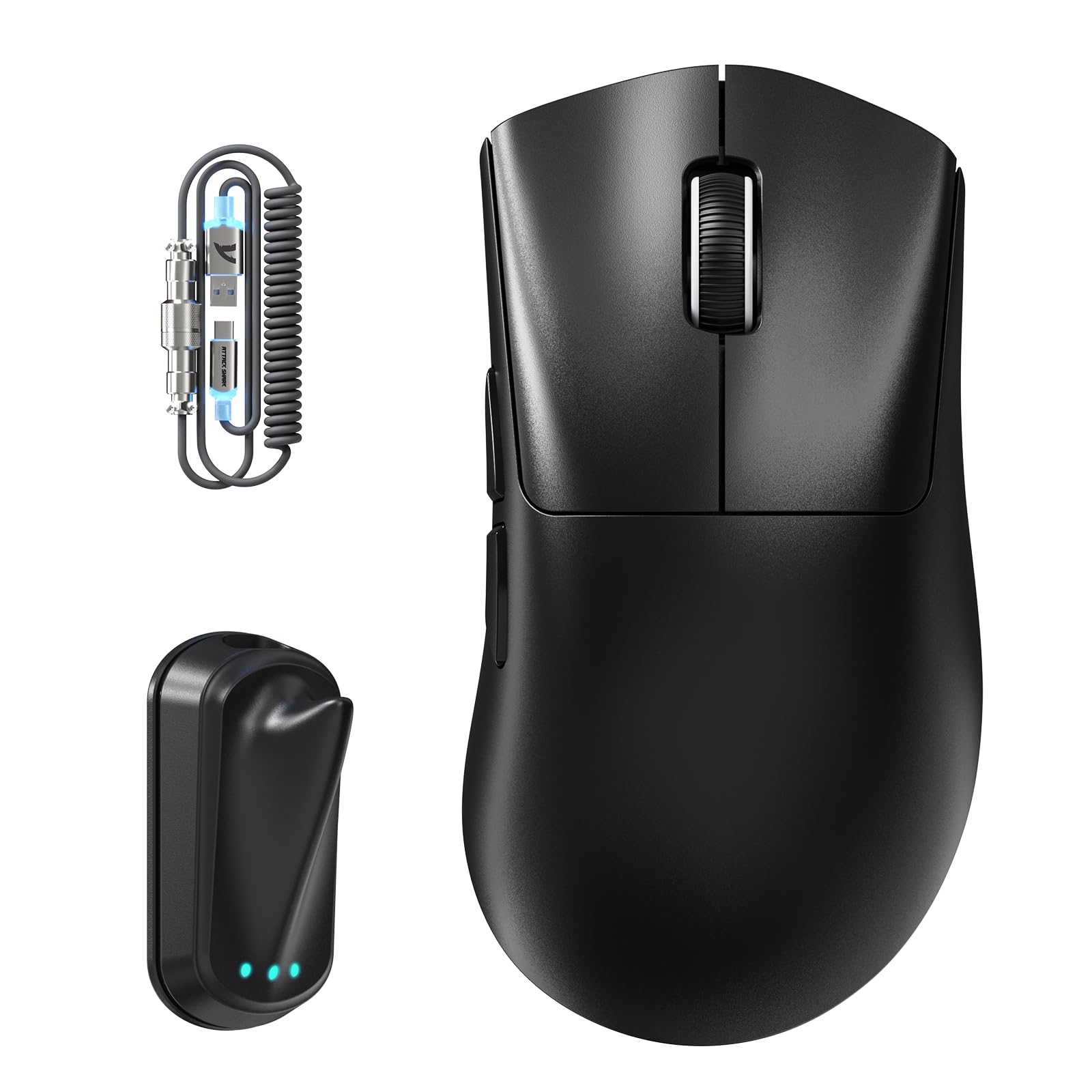 ATTACK SHARK V8 Wireless Gaming Maus mit LED Spiralkabel, Nordic 54L15 Chip, PAW3950MAX, 42000DPI, Dual 8000Hz, 59g Ultraleicht für Große Hände, Hai-Flossen-Dongle Design, 2.4Ghz/BT/Kabel, Schwarz