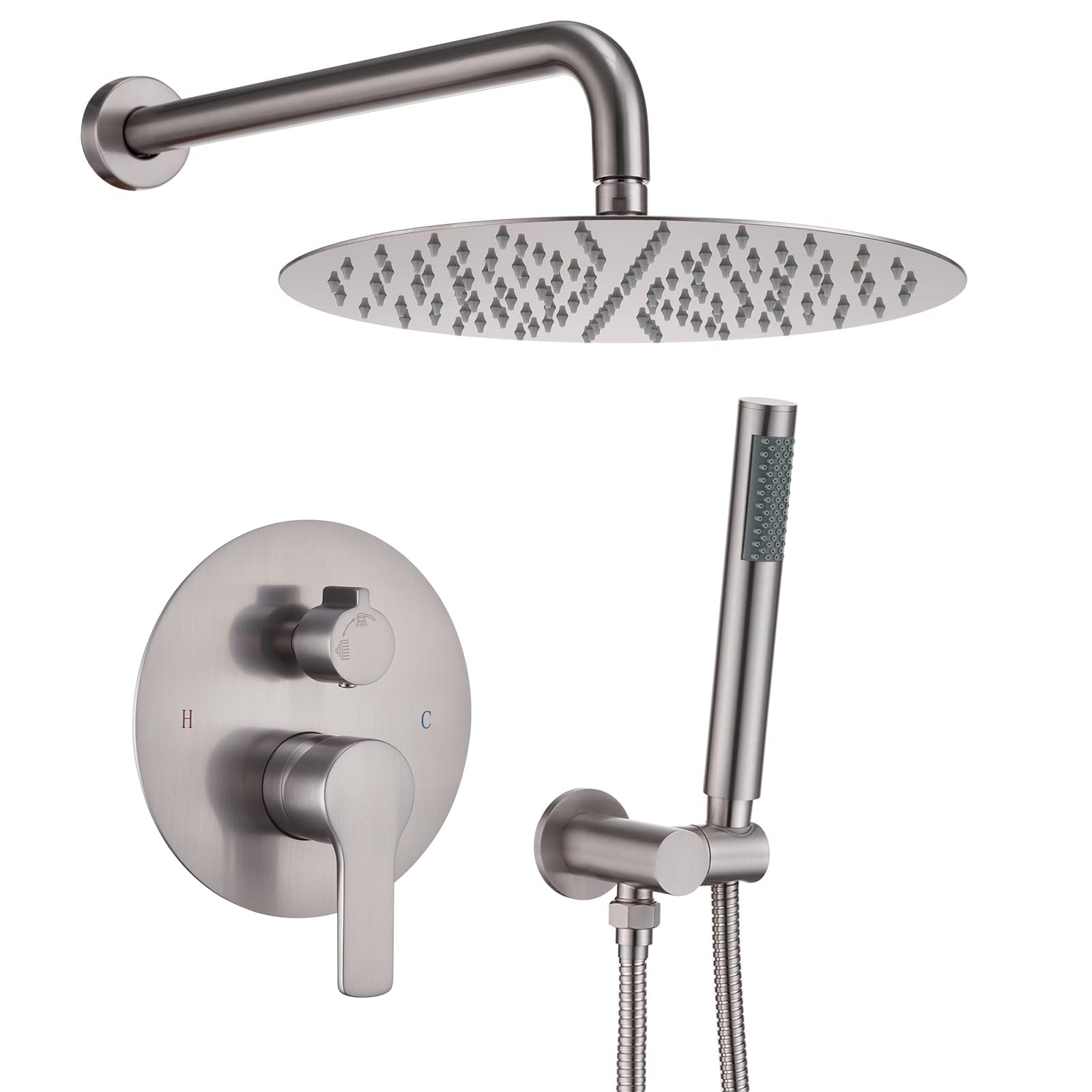 Iriber Brushed Nickel Shower System Wall Mounted Shower Faucet Mixer Set with 12 Inches Rain Shower head and Handheld, Bathroom Shower Trim Kit Contain Pressure Balance Valve