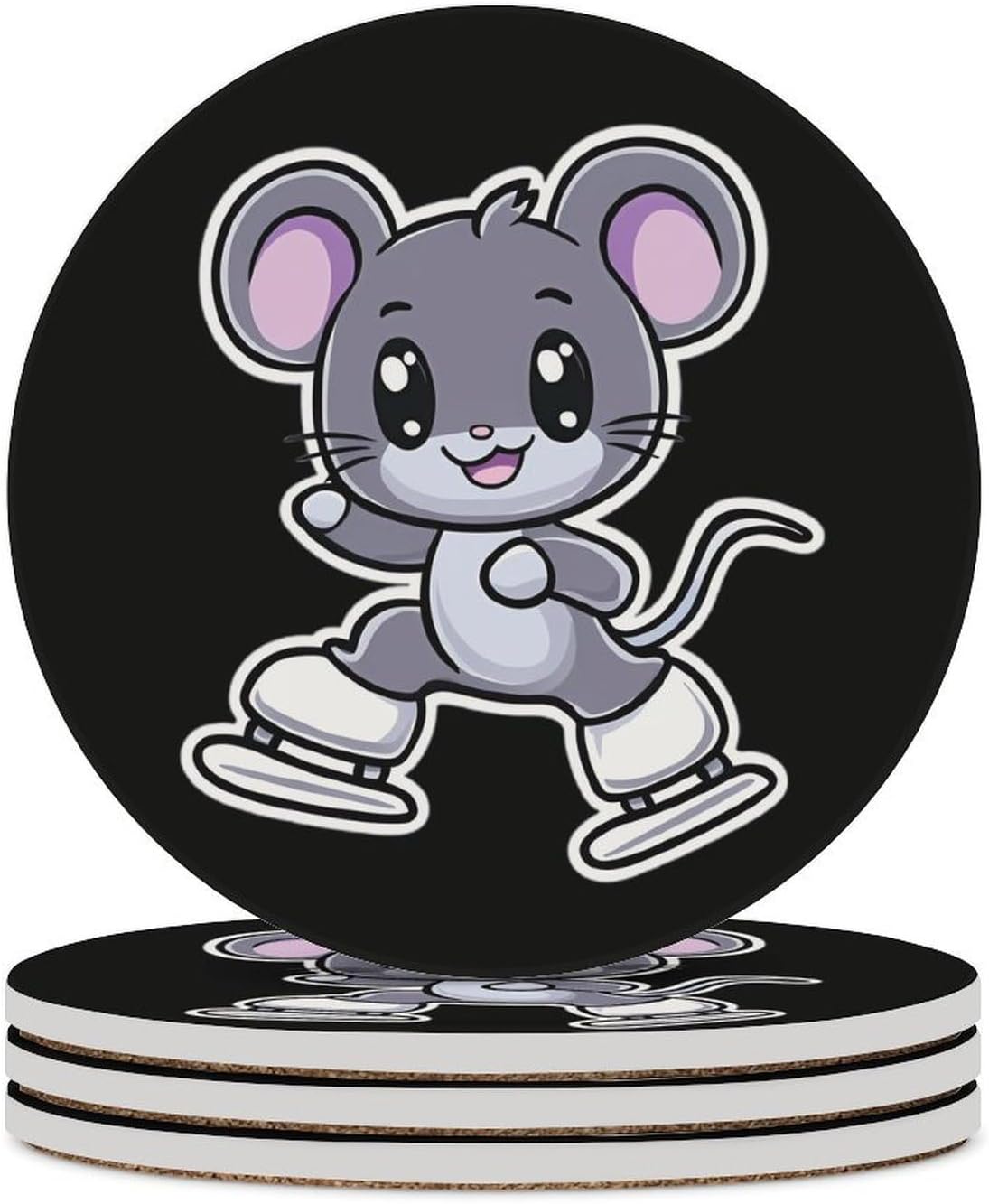 Rat Skater Round Ceramic Coasters for Drinks Absorbent Cup Holder Tabletop Protector with Cork Base