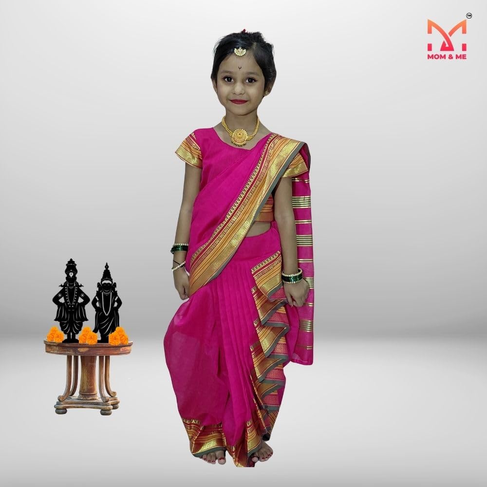 Mom and Me Girls' Ready-to-Wear Mastani Nauwari Saree with Stitched Blouse | Traditional Maharashtrian Ilkal Border | Soft Acrylic Cotton | Age 12 Months to 15 Years (Pink, 7-8 Years) - Image 5 thumbnail
