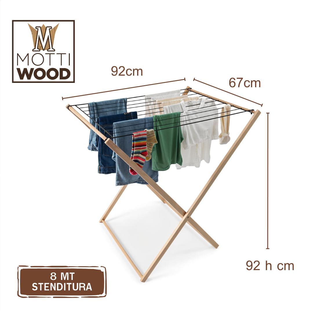 Premium Wäscheständer platzsparend, 8 m Aufhängungsfläche, Wäscheständer mit faltbarer Metallgitter, Größe 92x67x92 cm, Wäscheständer aus Buchenholz, hergestellt in Italien