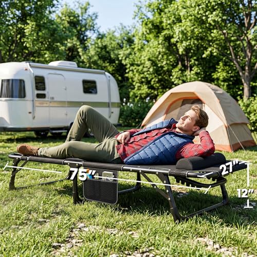 Image of ABORON 3-in-1 Folding Patio Lounge Chair, 440LB Heavy-Duty Tri-Fold Guest Bed with Plush Cotton Cushion, No Assembly Adjustable Recliner for Office Nap, Patio Sunbathing, Poolside & Camping