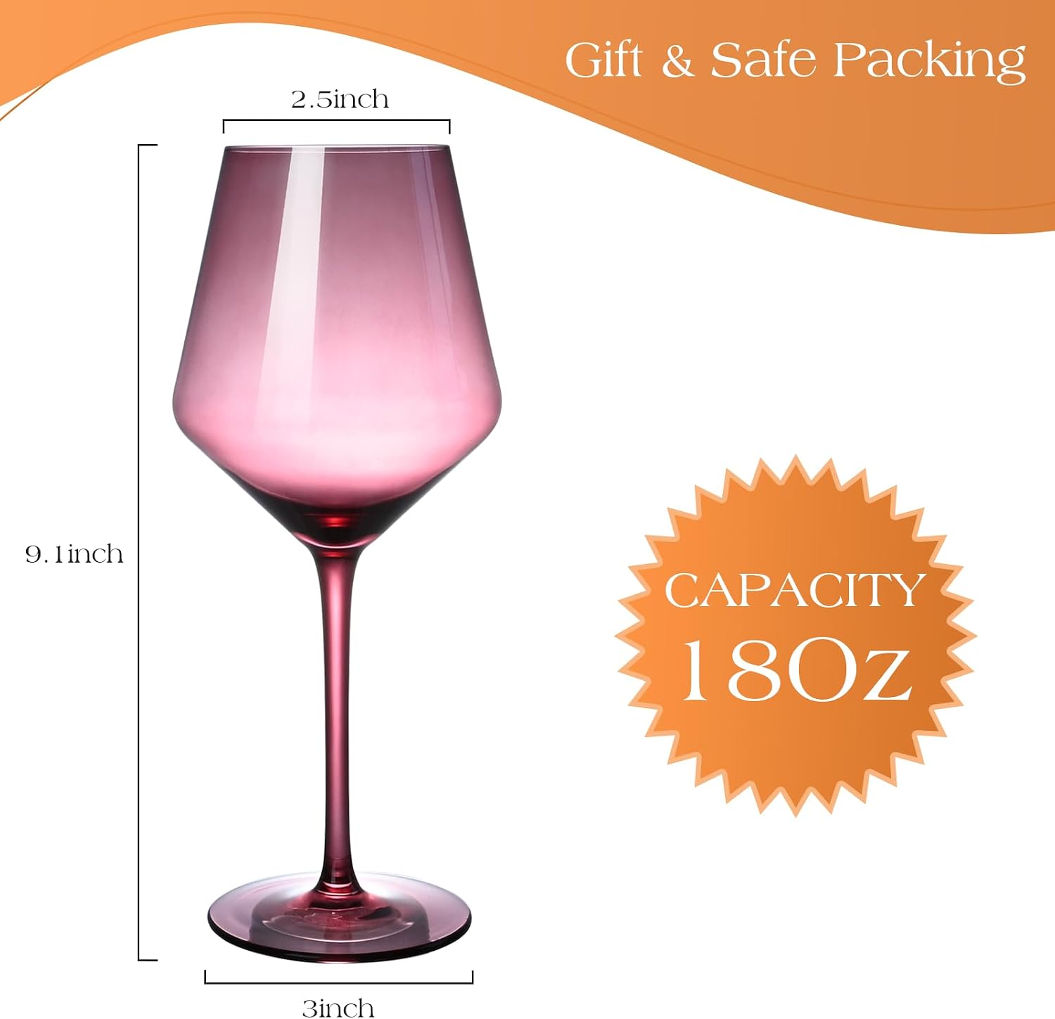 LUXULISH Colored Wine Glasses Set of 6, Long Stem Hand Blown Premium Crystal Red White Wine Glass, Great Gift Set for Wife & Mom, Wedding, Anniversary, Christmas, Birthday - 18Oz