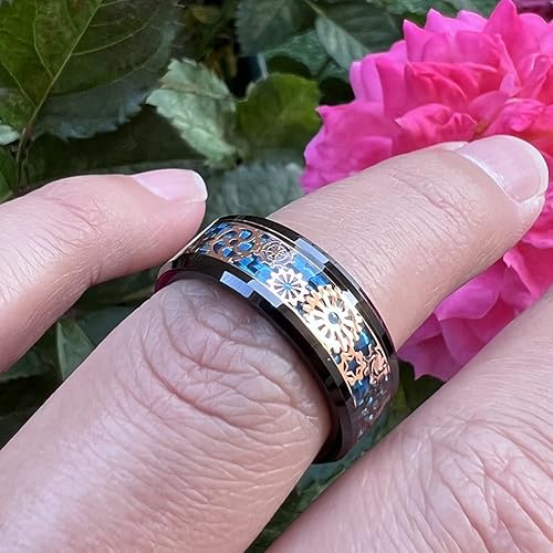 Miniatura 6 de Anillo de tungsteno de 6 mm y 8 mm color negro, plateado, rojo y azul para hombres y mujeres, anillos de matrimonio estilo Steampunk con engranes,