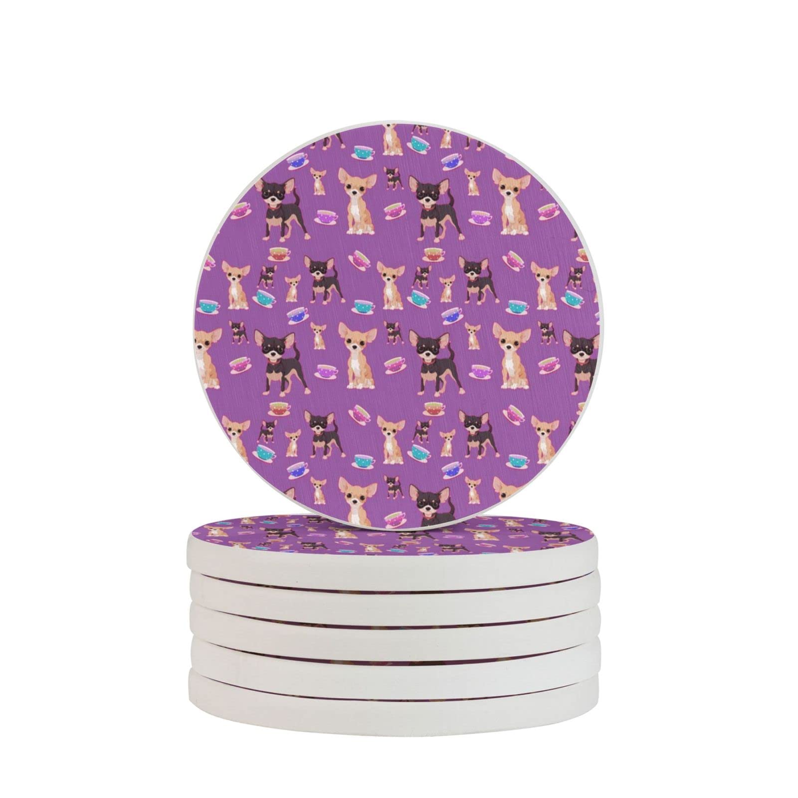 Cute Teacup Chihuahuas Six Piece Coaster Heat-Resistant Reusable Saucers for Drinks Wine Glasses Plants Cups Mugs
