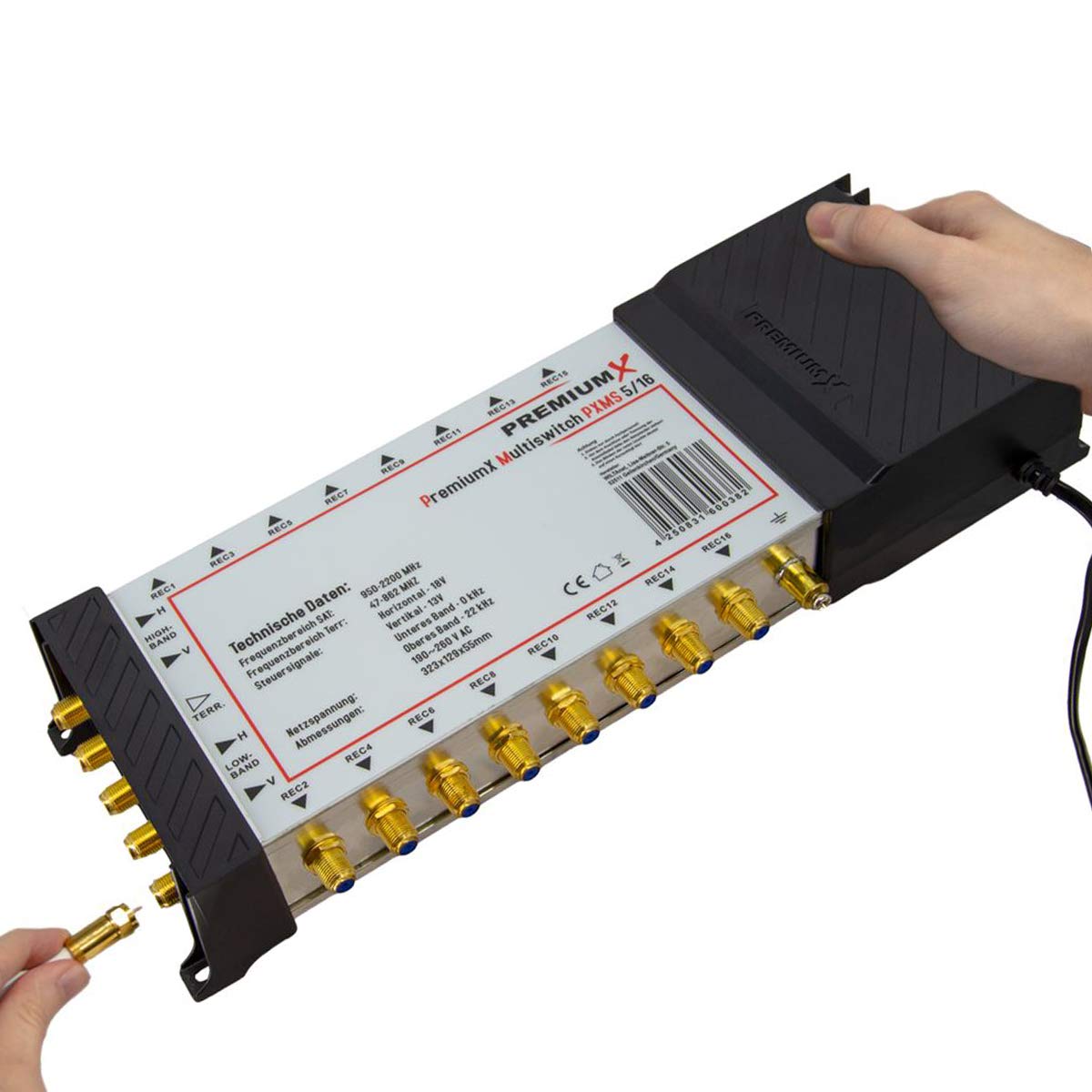 PremiumX PXMS Multiswitch 5/16 con alimentador - Distribuidor de señales satelitales para 16 usuarios - Compatible con Digital HDTV FullHD 4K UHD 8K