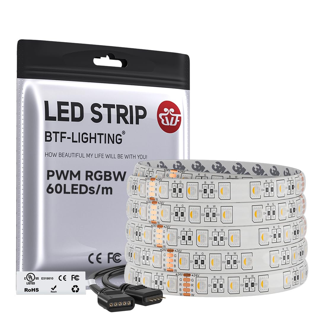 BTF-LIGHTING RGBWW 5050 RGB+Blanco Cálido (2700K-3000K) 5M 60LEDs/m 24V | RGBW 4 colores en 1 LED tira de luces de cinta LED multicolor IP65 impermeable PCB Blanco LED para ligado interior