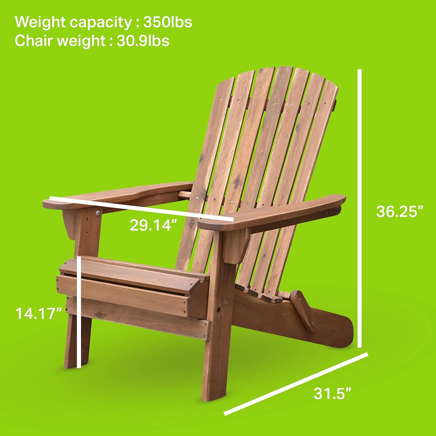 Silla Adirondack de madera maciza natural, silla plegable para hoguera para césped, jardín, patio, balcón y exteriores, sillas de jardín Adirondack plegables con reposabrazos anchos y