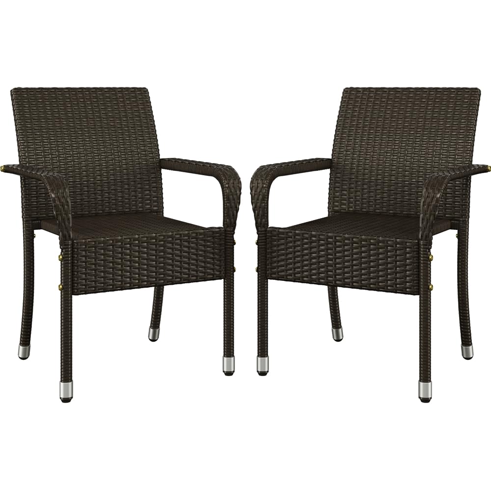 Yaheetech Set di 2 Sedie Impilabili in Rattan Sedia da Giardino con Braccioli Piedini Regolabili e Schienale per Giardino Balcone PatioTerrazza Marrone