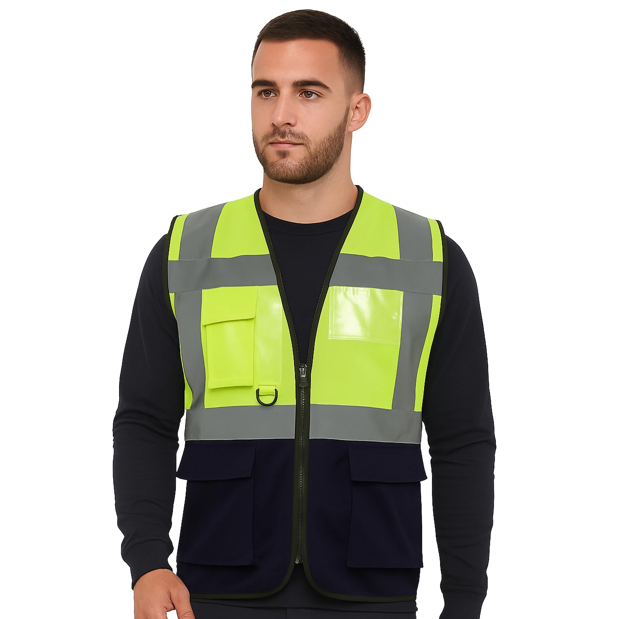 GUBA Hi vis Executive Vests, High Visibility Vest Safety Security Work Wear Multipocket Waistcoat, Reflective Tape Sleeveless Work Jackets Tank Tops UK Size S-5XL (Yellow/Navy - XXL)'