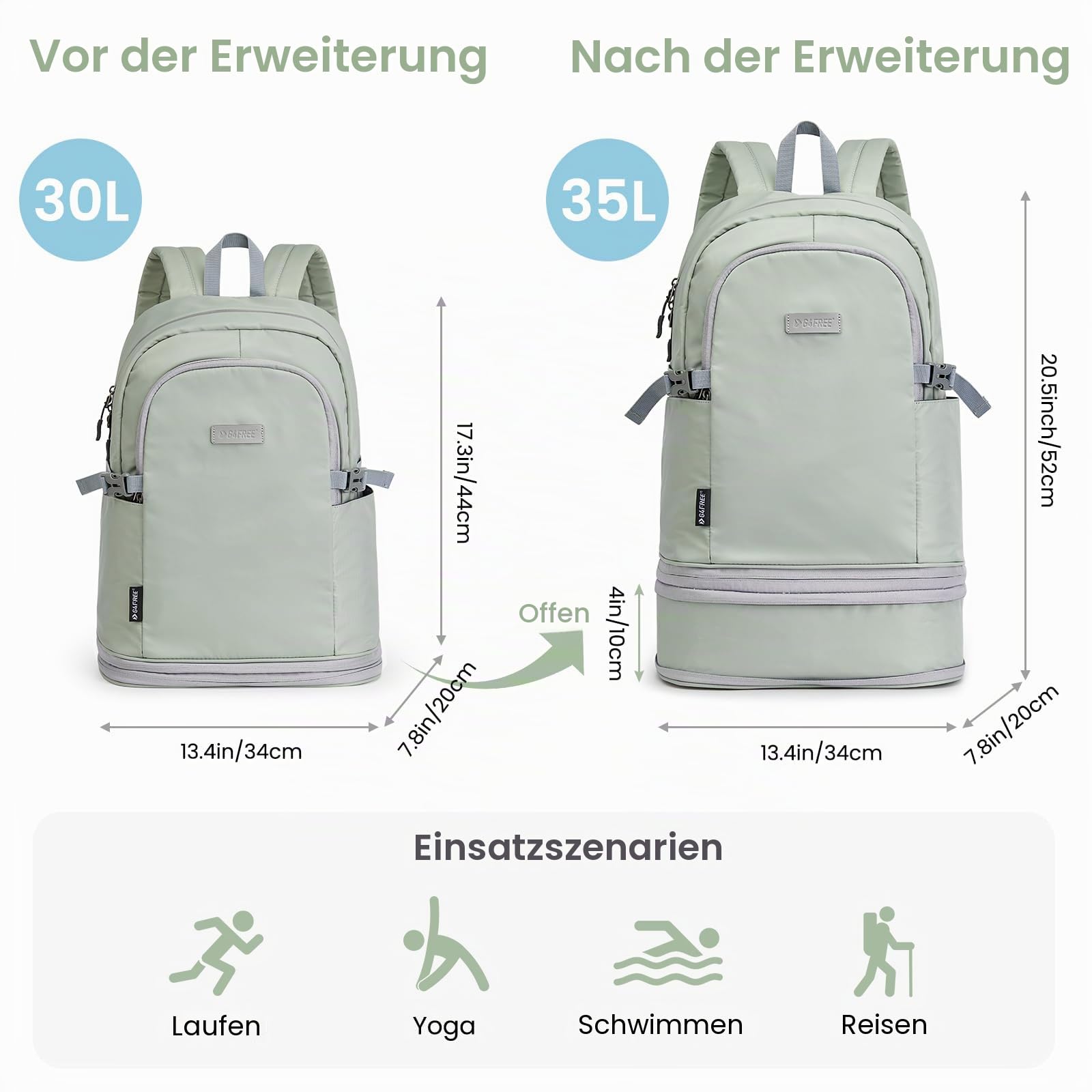 G4Free 35L Sportrucksack&Großer Reiserucksack mit Schuhfach und Nasstasche