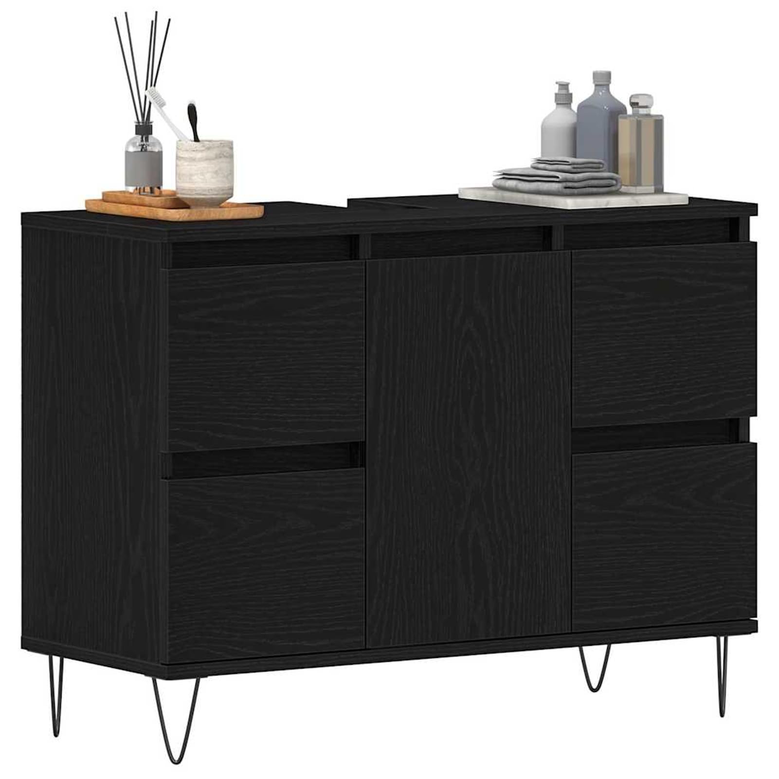 ATOMSTACK MAKER Armario de lavabo de aspecto de roble negro, 80 x 33 x 60 cm, material de madera con puerta y cajón, patas de horquilla industriales, armario para baño para habitaciones húmedas