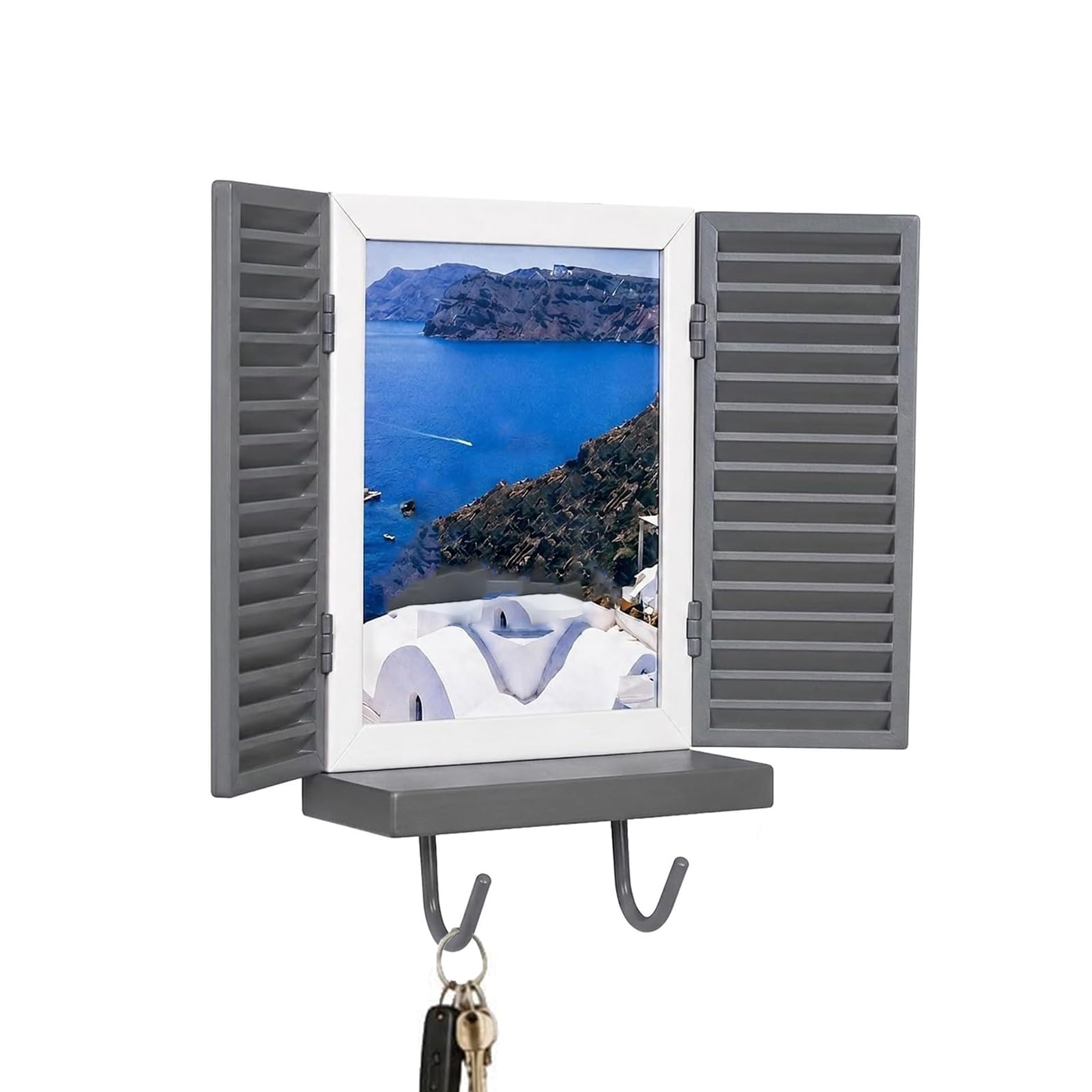 Mediterranean Window Photo & Key Holder, Wall Mounted Key Rack with 2 Rustic Key Hooks and Floating Shelf, Decorative Photo Frame for Travel Photos/Family Memories, for Hallway, Entryway (Grey)