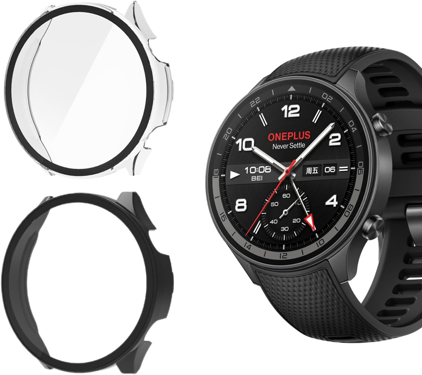 DETUEUA 2 Pack Case Compatible with OnePlus Watch 2R, PC Hard Frame Embedded with Tempered Glass Film, Screen Protector Premium Lightweight Protective Cover - Clear + Black