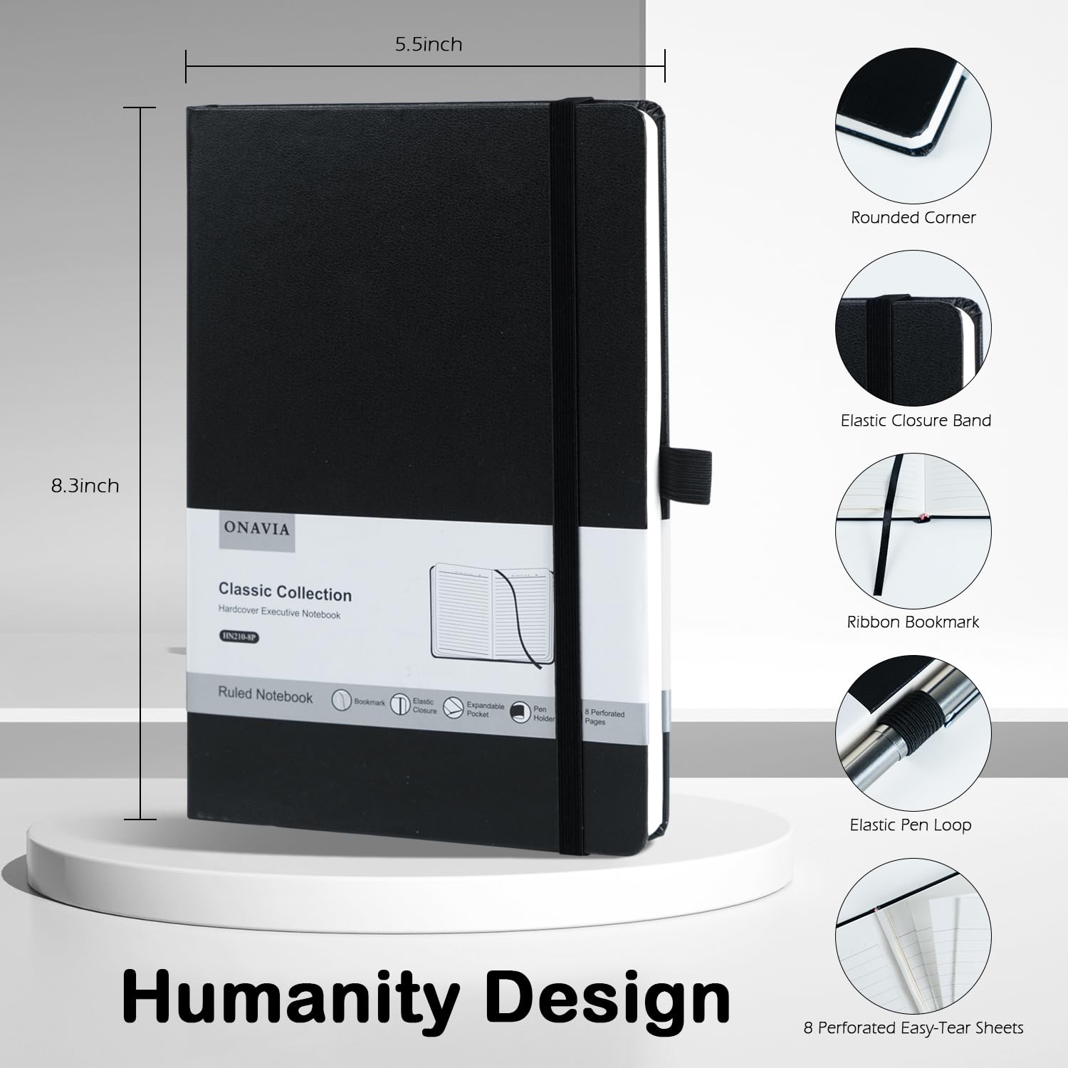 ONAVIA A5 Cuadernos paquete de 8, bloc de notas de 14 cm x 21 cm, Libreta Liso de Tapa Dura con Papel Grueso de 100 g/m², Cuaderno en Blanco de Tapa Dura de 160 Páginas Para Escritura, Estudio (Negro)