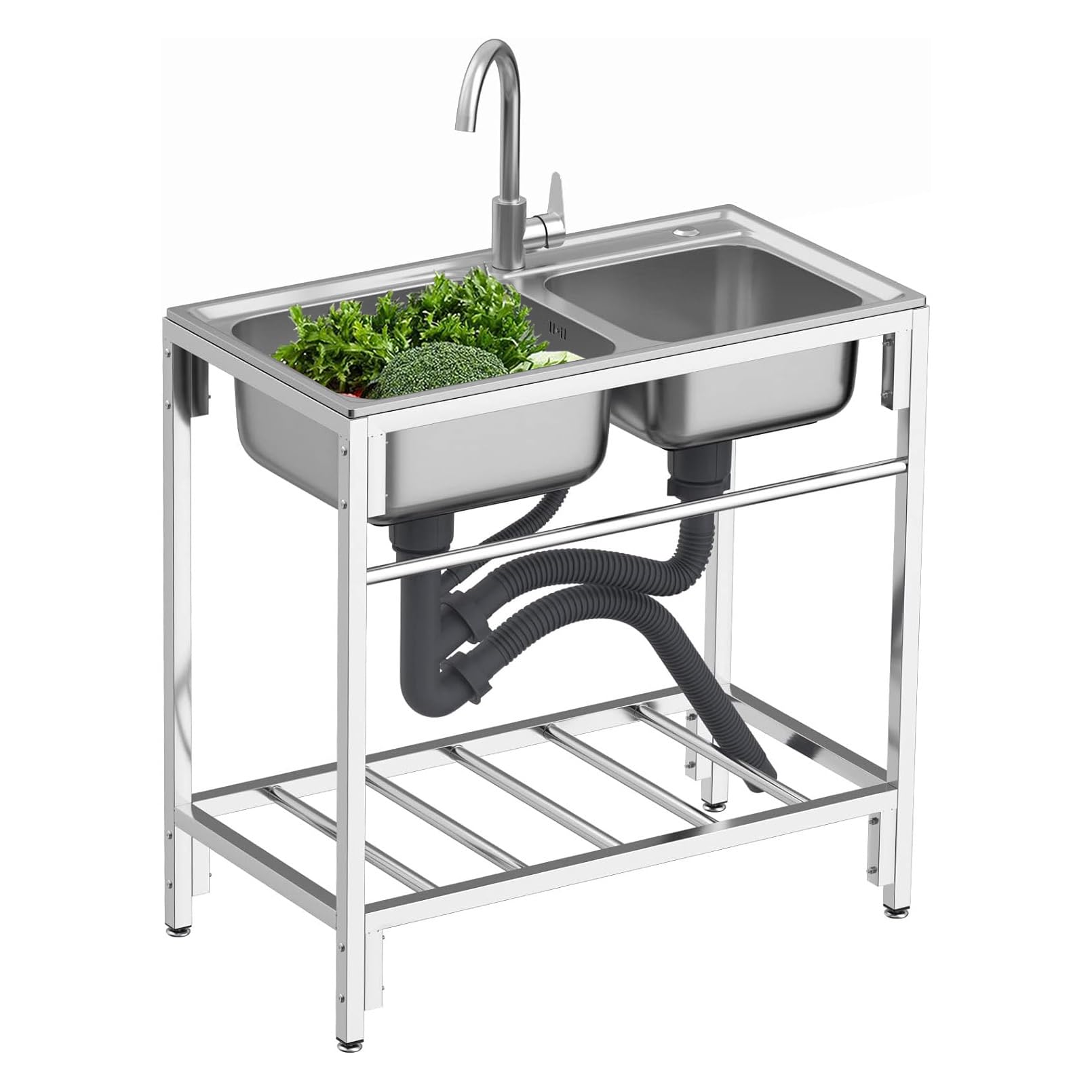 LMYSXAOZ Commercial Kitchen Sink, Stainless Steel Sink Freestanding Double Bowl with Hot and Cold Faucet, Large Utility for Restaurant Laundry Rooms Backyards (Silver, Size : 80x43x75cm)