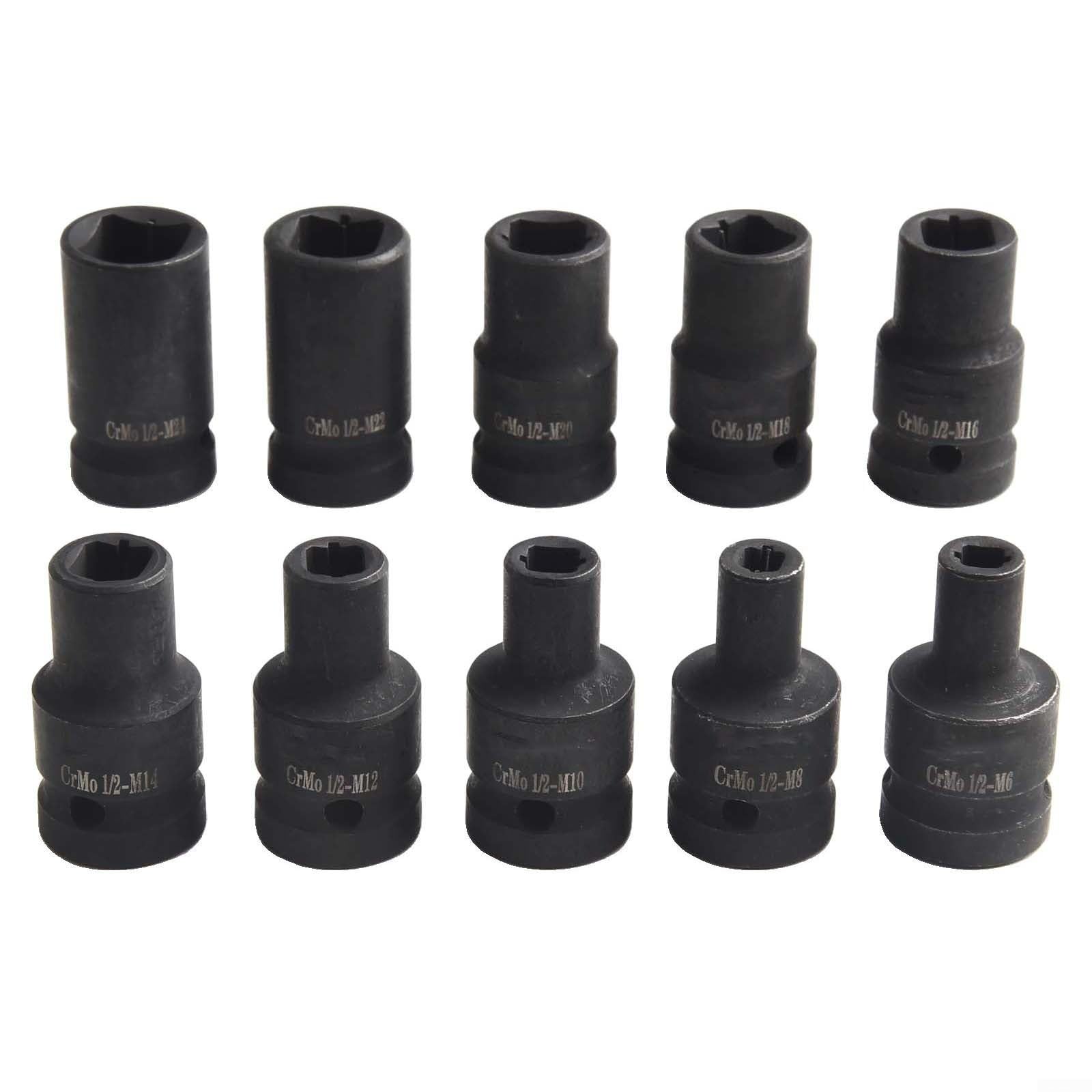 Juego de 10 llaves de vaso cuadradas de acero al cromo vanadio, 1/2 pulgada, compatible con grifos M6 a M24, para trinquete o llave eléctrica, color negro