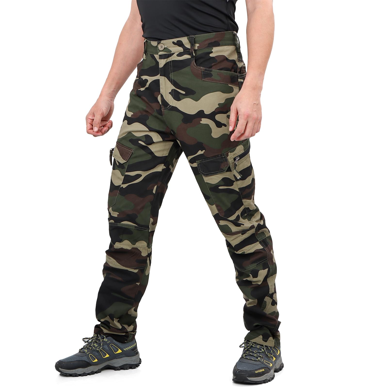 LY4U Pantaloni da Lavoro Cargo da Uomo, Pantaloni Casual da Esterno Mimetici in Cotone - Abbigliamento da Trekking da Campeggio con 10 Tasche