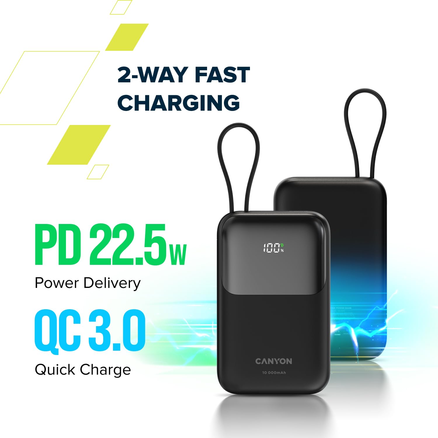 CANYON OnPower 101 - Batteria esterna da 10000 mAh con cavo USB-C integrato, PD 22,5 W e ricarica rapida QC 3.0, display digitale, batteria portatile sottile, viola