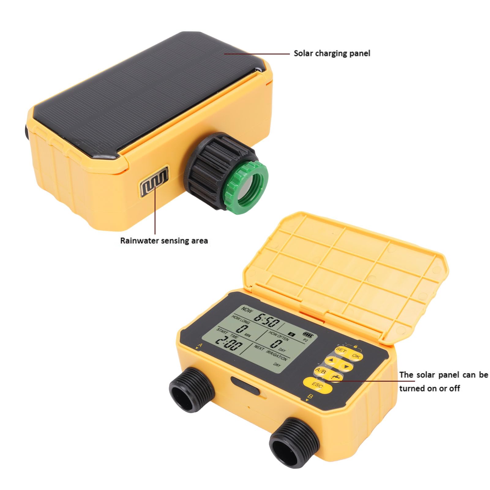 SENECESLI Timer di Irrigatore Solare, Timer di Annaffiatura per Annaffiatura di Ritardo di Pioggia Intelligente con 2 Prese, sistem di Irrigazione dei Timers a Energia Solare per