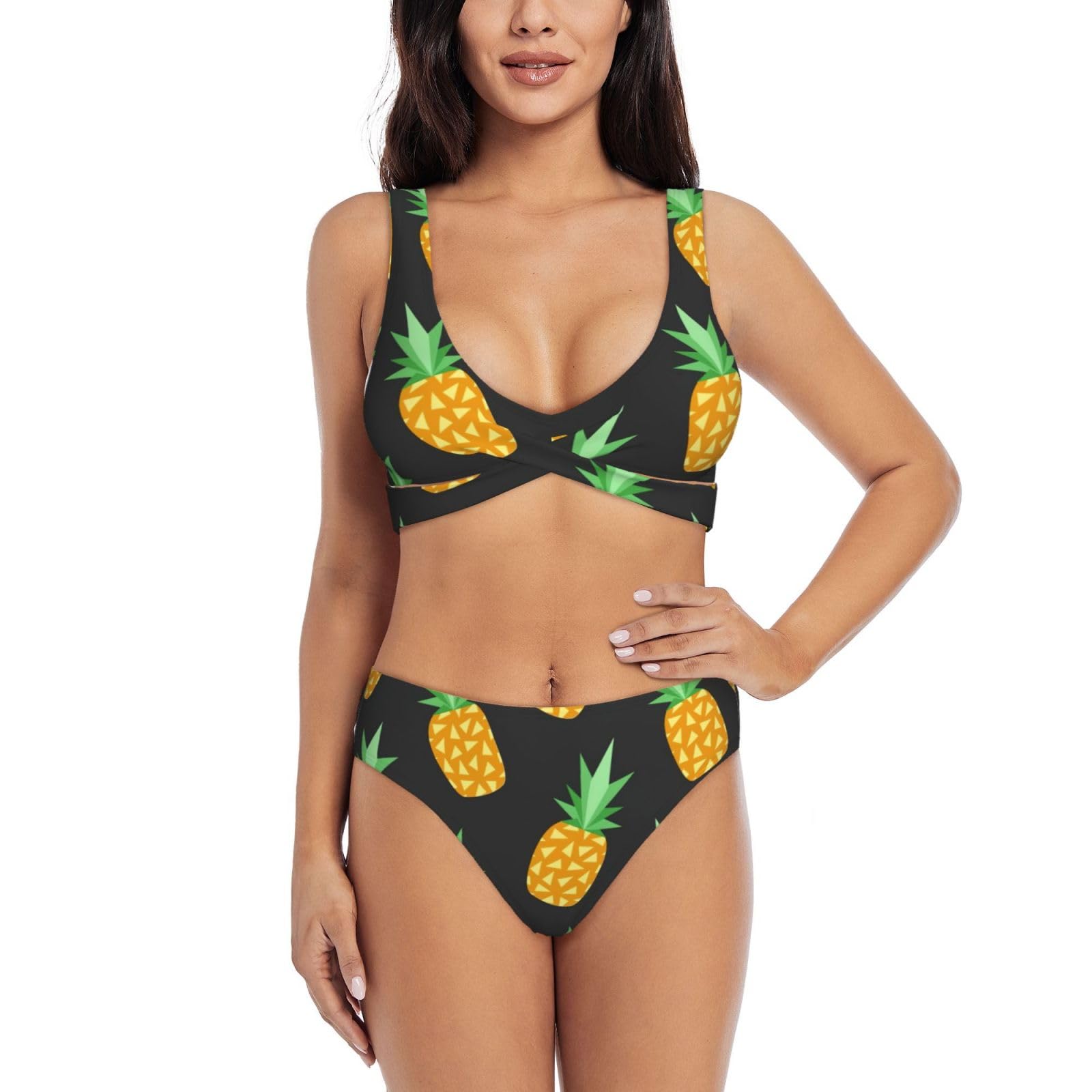 Uvbdf Women's Black Yellow Pineapple Bikini Sets For Swim Top With Built In Bra Two Piece Swimsuit Push Up Beach Swimwear