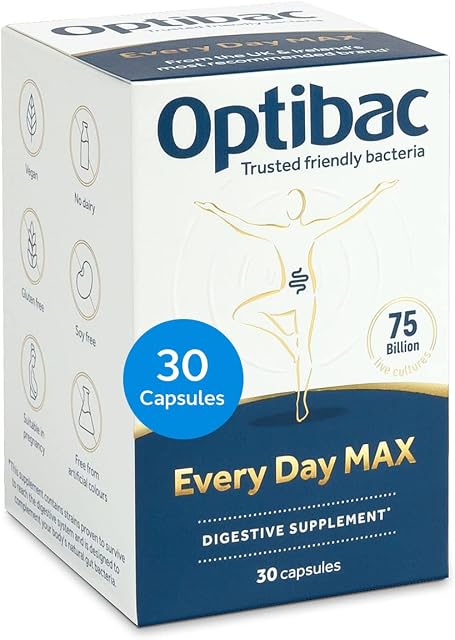 Optibac Probiotics Every Day MAX - Advanced Maximum Strength Vegan Digestive Probiotic Supplement with 75 Billion Bacterial Cultures - 30 Capsules