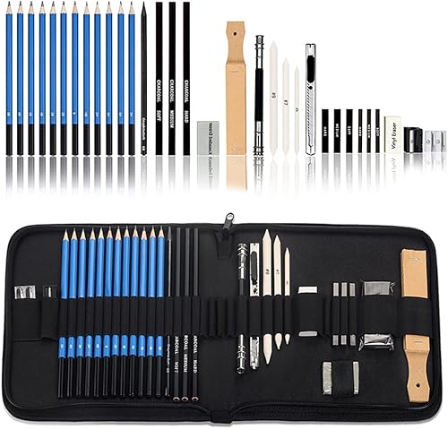 Jeeje Juego de 32 lápices de dibujo profesionales con carbón, lápices de grafito sin madera, borrador amasado, afilador para niños y adultos