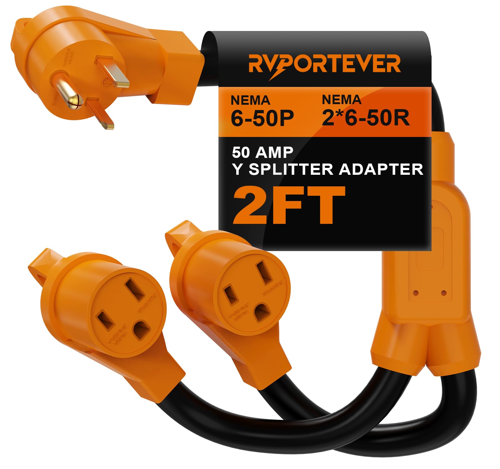 RVPORTEVER 50 Amp Welder Splitter Adapter Cord, 3 Prong 250V NEMA 6-50P Male Plug to 2X 6-50R with Grip Handle, ETL Listed Heavy Duty STW 6 AWG 2FT