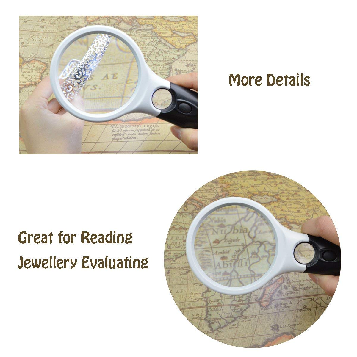ADTALA 3 LED Light 45x Handheld Magnifier Illuminated Reading Magnifying Glass Lens Jewelry Loupe Ideal for Reading, Crafts, Hobby, Black and White Stitching 4