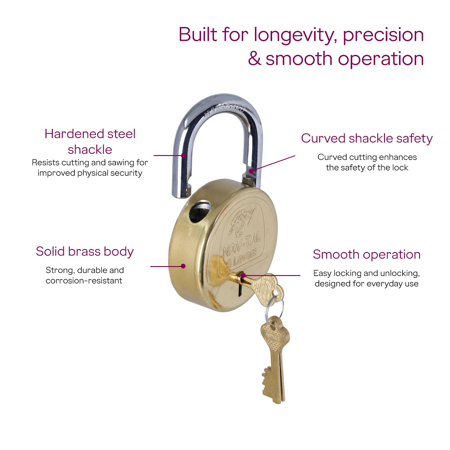 Godrej Locks | Navtal 8 Lever Brass Padlock 85mm with 3 Keys | Hardened Steel Shackle | Heavy Duty | for Main Door, Gates, Shutters, Warehouses, Offices & Industrial Use | 1 Year Warranty — Amazon image 5