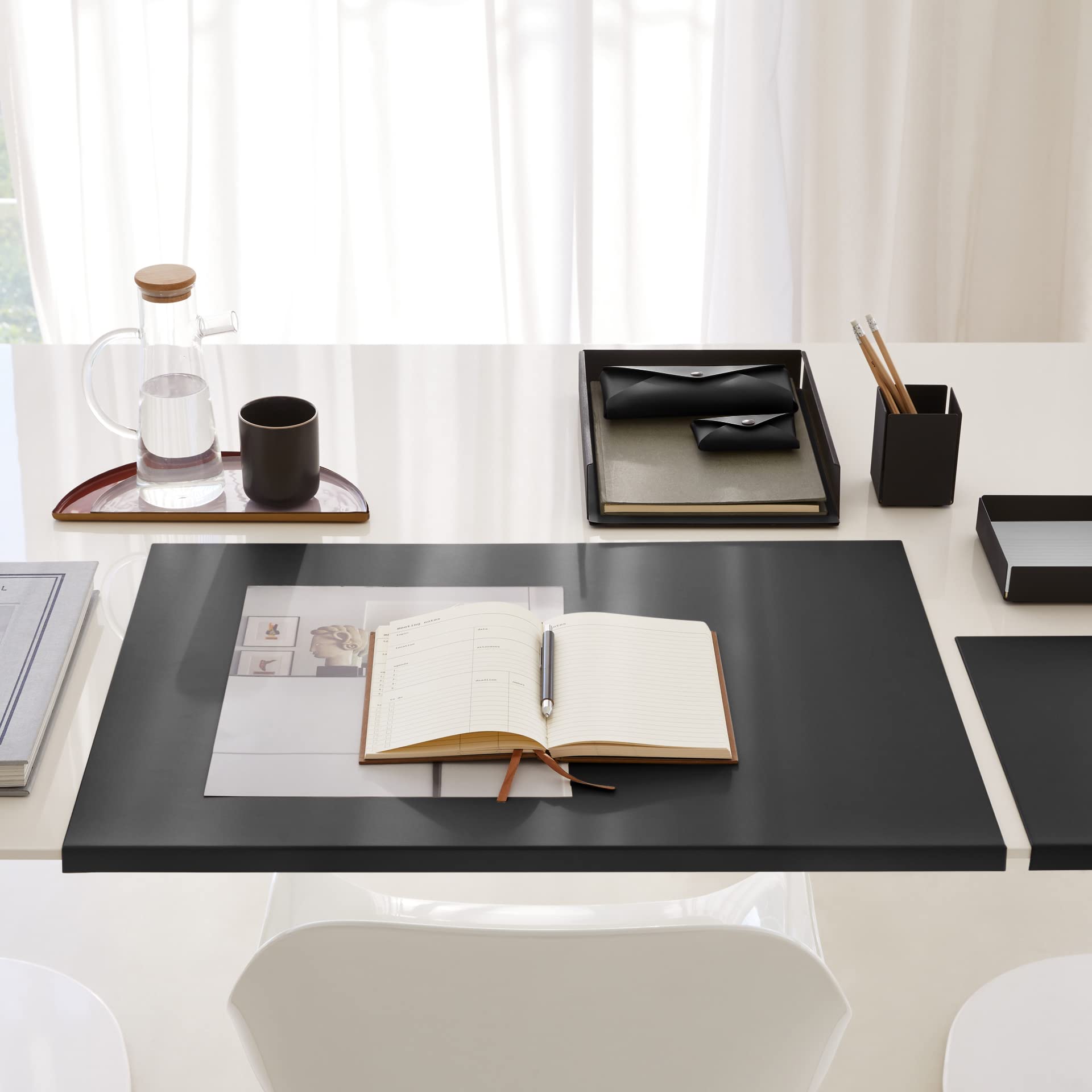 Eglooh - Moire - Ablagefächer Stapelbar für Schreibtisch und Büro mit Struktur aus schwarzem Stahl - Innerer Boden aus Leder Schwarz - DIN A4 cm 32,5 x 24,2 x H.5 - Made in Italy