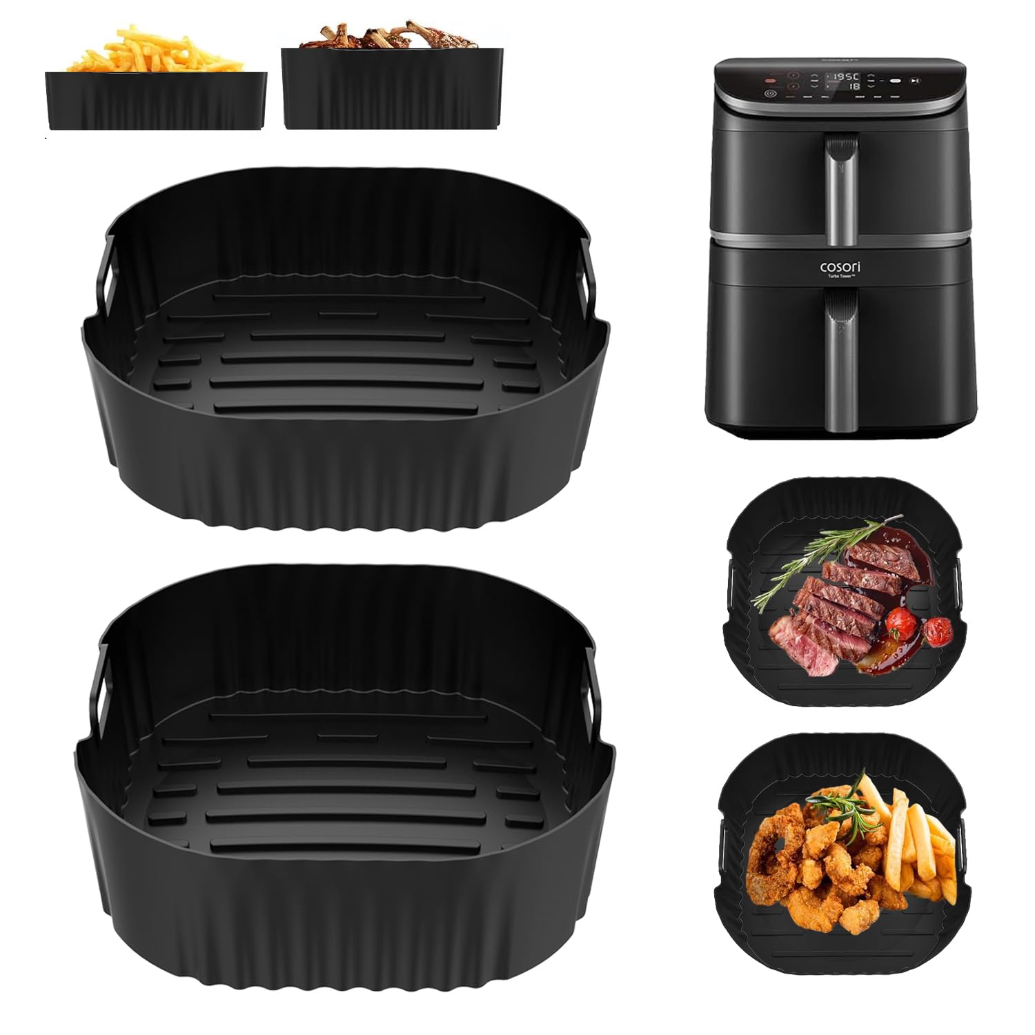 Silikonform Heißluftfritteuse Zubehör Exklusiv für Cosori Turbo Tower, Cosori Turbo Tower Pro & Smart 10,8L Double Stack Airfryer, Wiederverwendbar Air Fryer Silikon Einsatz (6,5L & 4,3L)