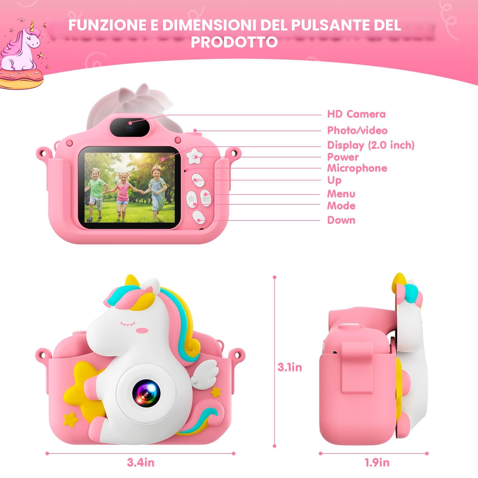 CAMCLID Macchina Fotografica Bambini, 2.0 Pollici Fotocamera Digitale Bambini 1080P HD Videocamera con Scheda 32 GB, Regalo Giocattolo di Natale & Compleanno per Ragazze Ragazzi da 3-12 Anni (Rosa)