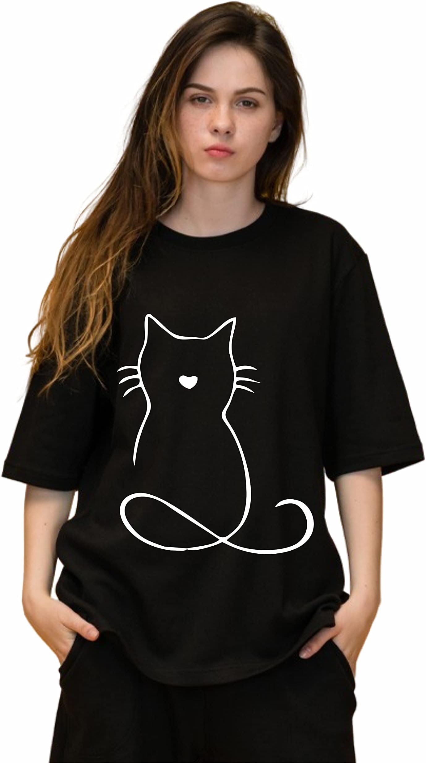 Uniplanet StoreWomen Oversized T Shirt | Cat Cartoon Round Neck Cotton Printed Loose Fit Black T-Shirt
