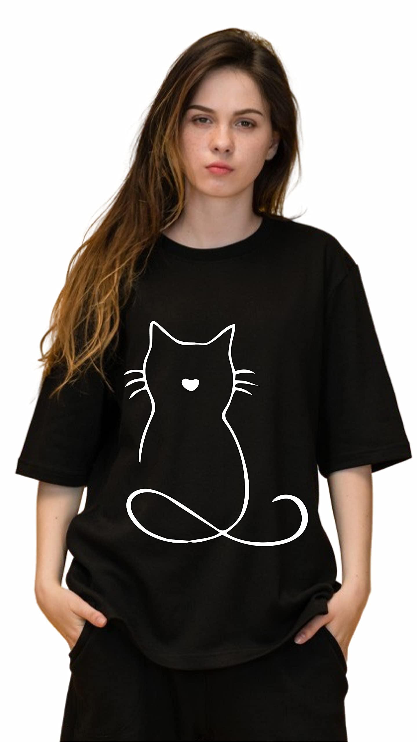 Uniplanet StoreWomen Oversized T Shirt | Cat Cartoon Round Neck Cotton Printed Loose Fit Black T-Shirt