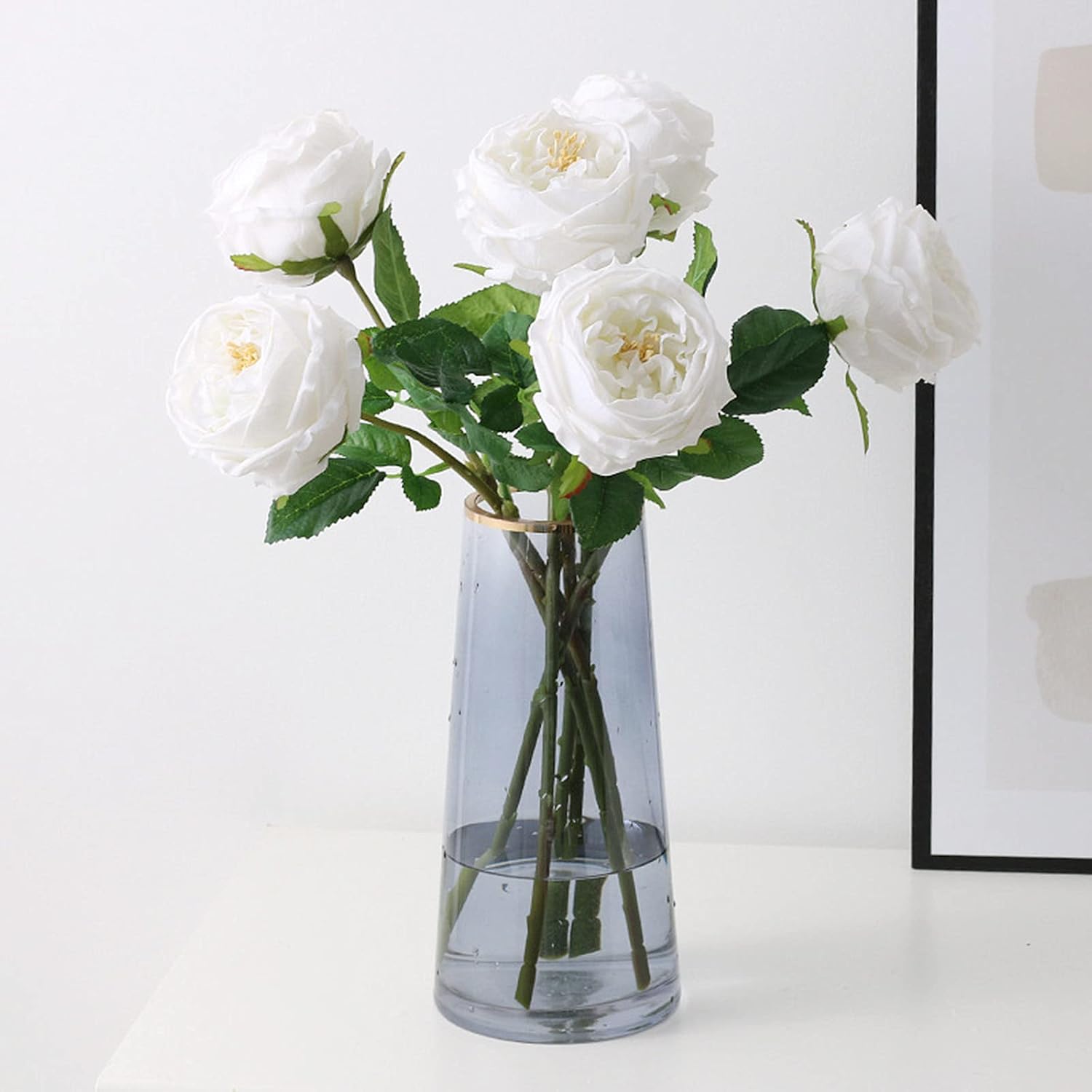 UKELER White Artificial Roses 4 Pcs Real Touch Latex Artificial Flowers Austin Rose Peony with Long Stem for Wedding Bouquet Home Decor Flower Arrangement