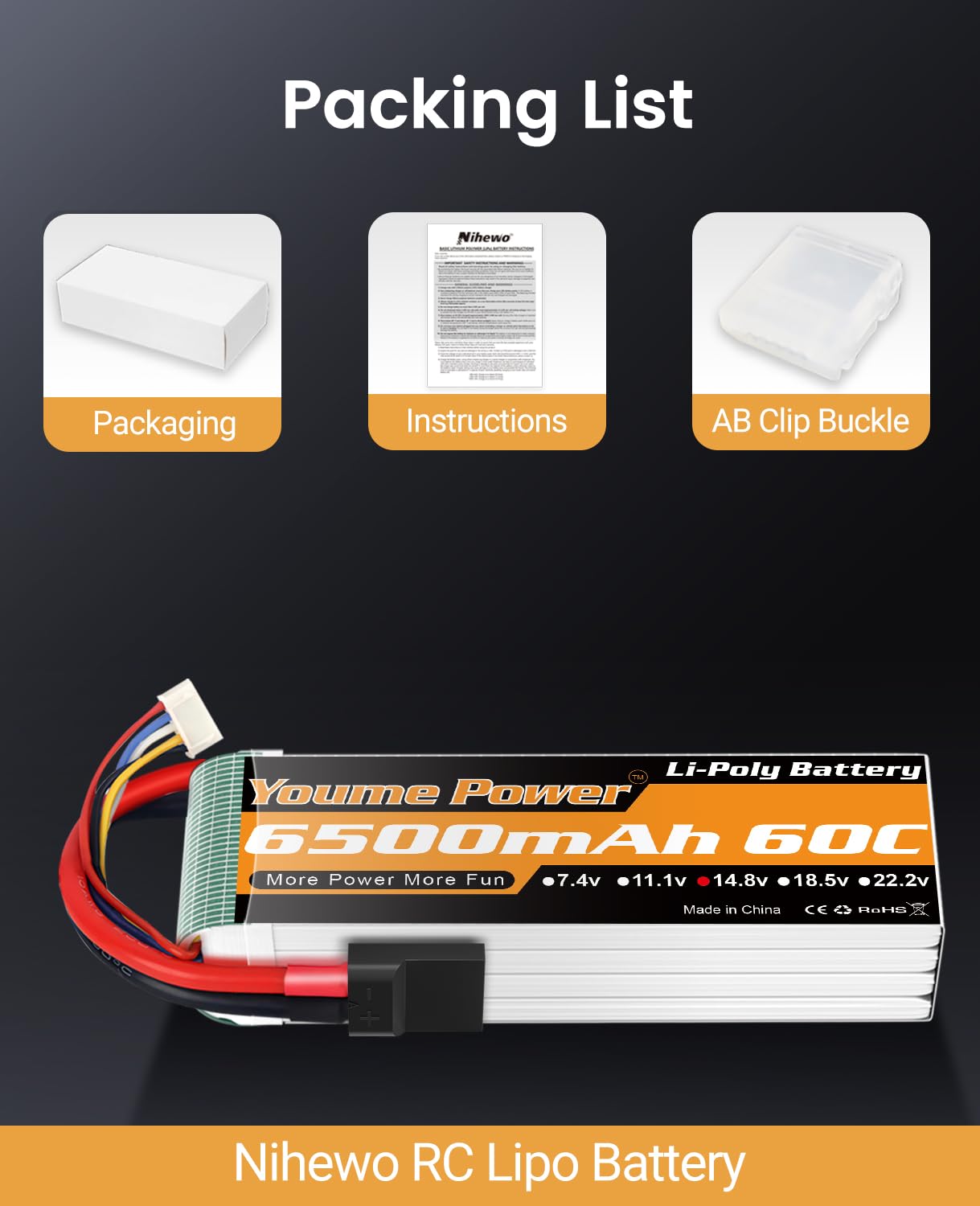 4S RC Lipo Batería 14.8V 6500mAh Lipo Batería 60C con conector Tr funda suave compatible con Maxx X-Maxx RC Buggy Truggy Crawler Monster Truck Vehículo Drone Helicóptero Avión (2 paquetes)