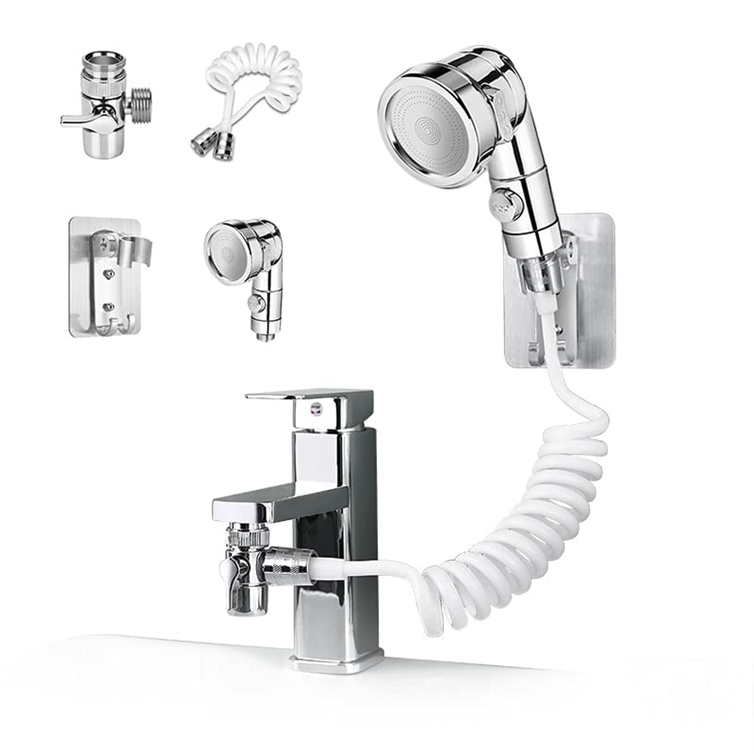 Goodern Sink Handheld Shower Head Set,Sink Faucet Sprayer Attachment with Hose Bracket and Faucet Diverter Valve,Hand Held Shower Head Set Hair Washing Faucet with 3-Position Adjusting Water Volume