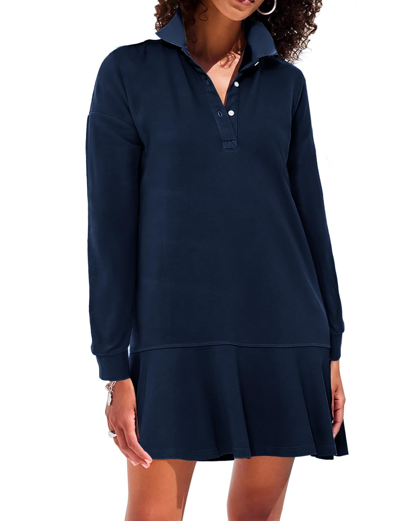 YEXPINE Women’s Polo Dress Long Sleeve Collared V-Neck Ruffle Hem