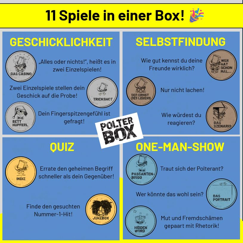 JGA PolterBox Deluxe – Komplettset mit 11 Partyspielen für Junggesellenabschied, 4–20 Spieler – All-in-One JGA Partybox für Polterabend, Aufgaben & Gruppen-Challenges (Men’s Edition)