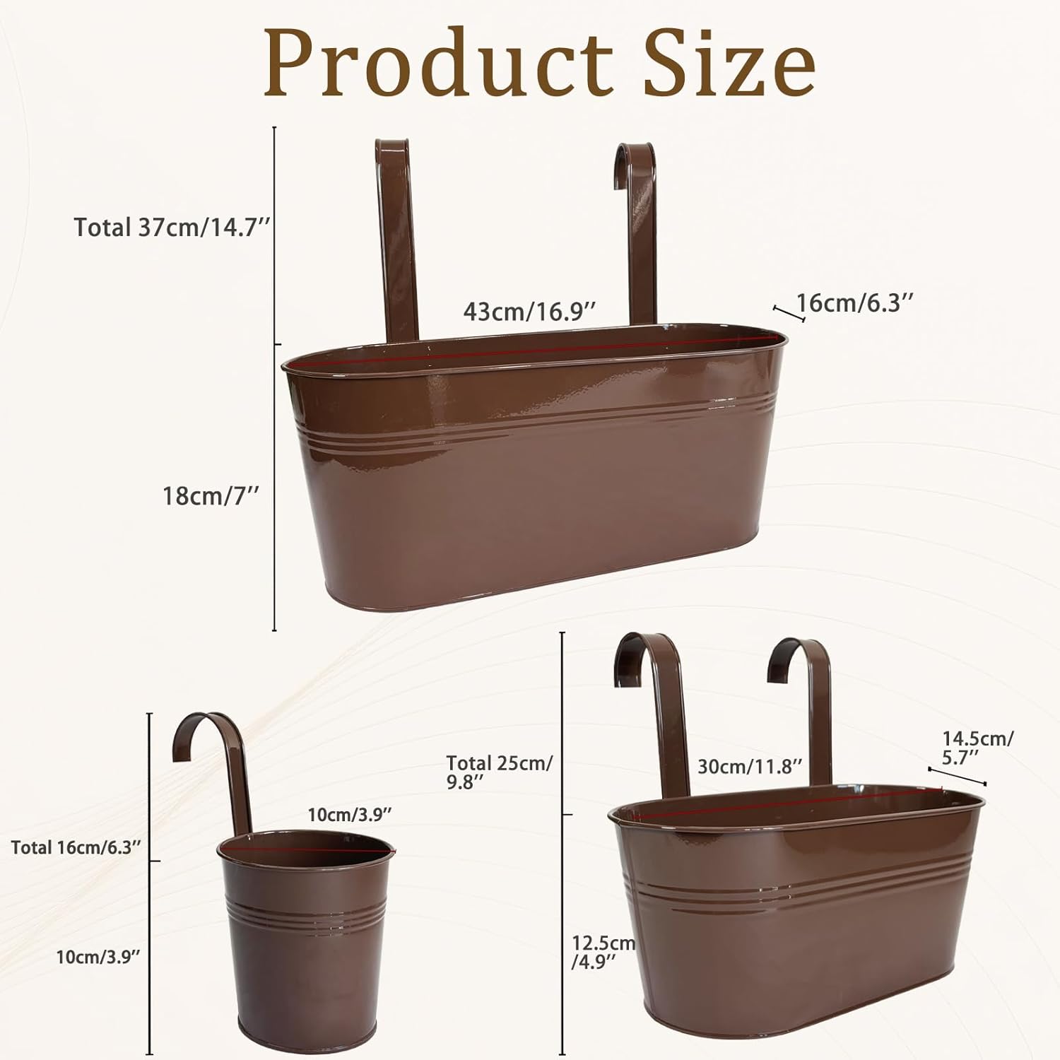 Set of 12 Balcony Hanging Planters, 4 Pcs 17" Metal Railing Flower Pots & 4 Pcs 12" Deck Planter & 4 Pcs 4" Fence Pot for Outdoor Patio Garden Décor, Chocolate