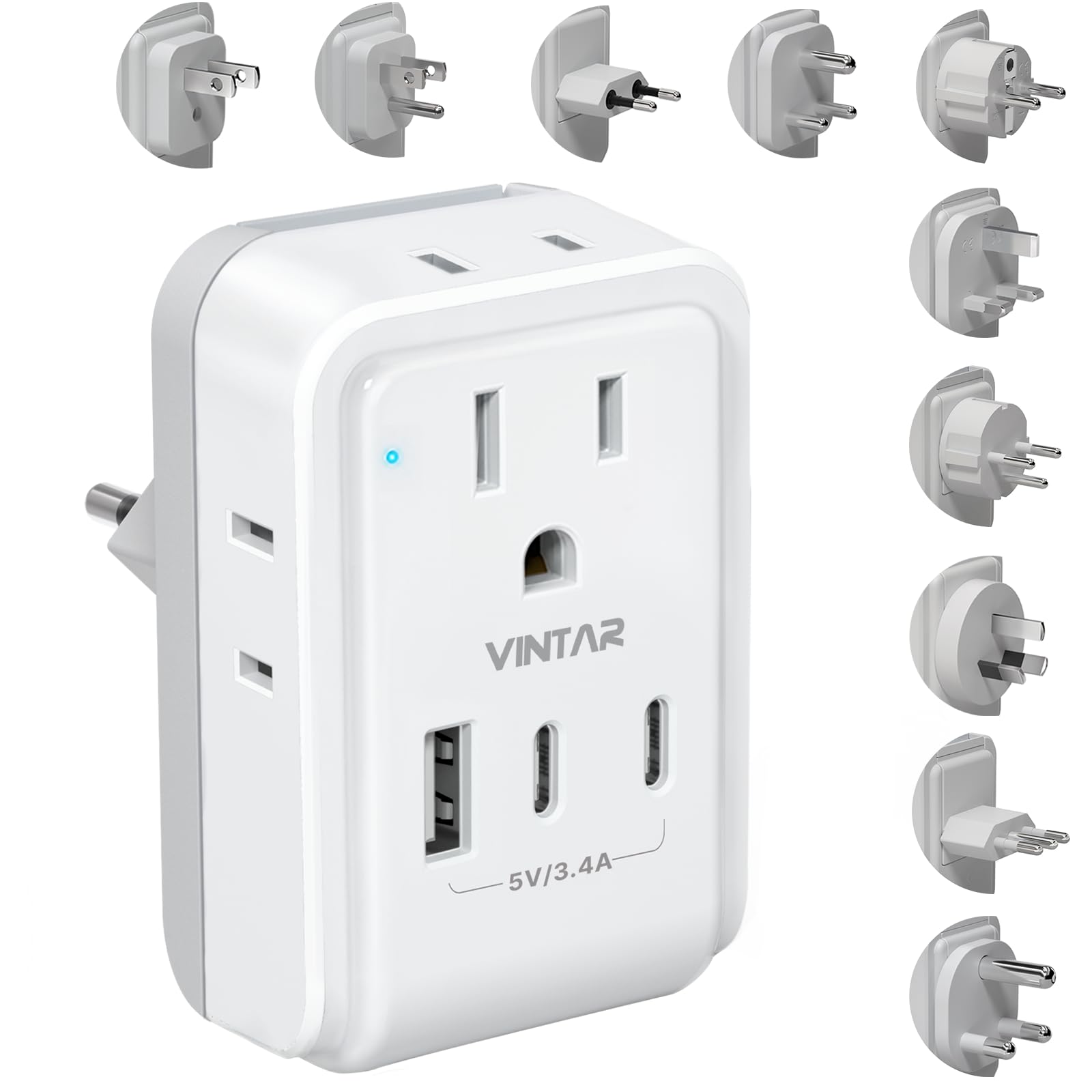 VINTAR Universal Travel Adapter Kit, International Power Adapter with 4AC and 3USB Ports(2 USB-C), Type A,B,C,D,E/F,G,H,I,L,M Swap Adapt Attachments, Travel Adapter Worldwide for Europe/Africa/India