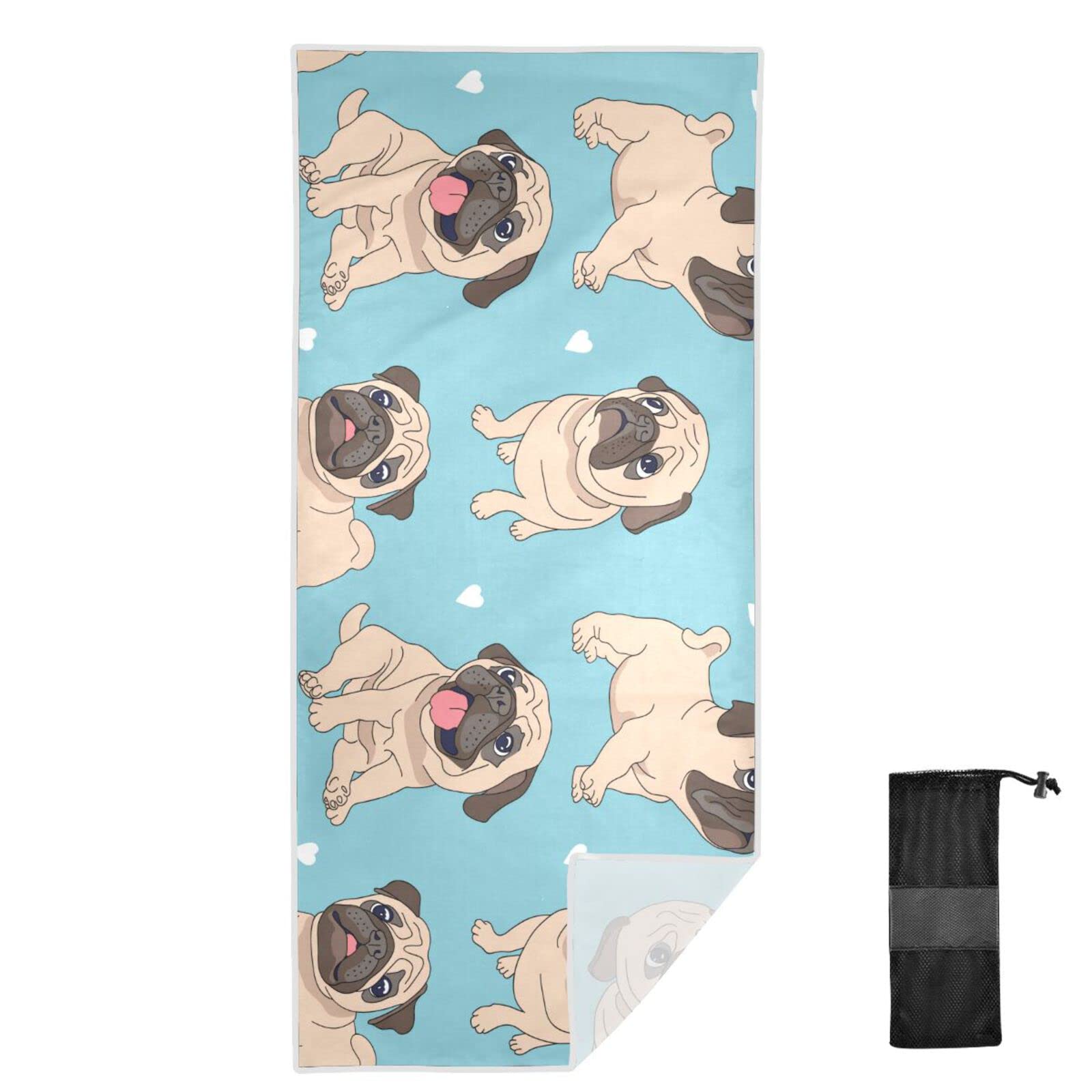 ODAWA Funny Pugs Blue Beach Towel Quick Fast Dry Super Absorbent Oversized Large Towels Extra Large Sand Free Towels